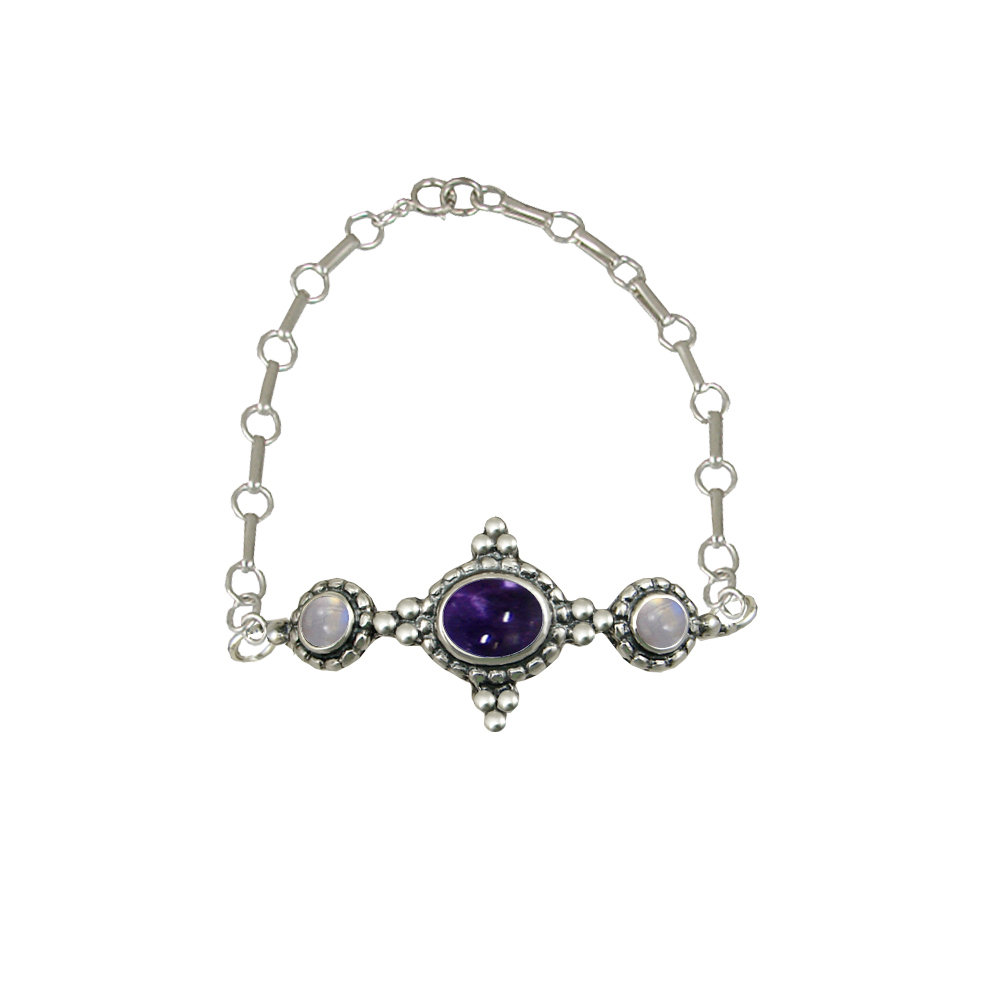 Sterling Silver Gemstone Adjustable Chain Bracelet With Iolite And Rainbow Moonstone